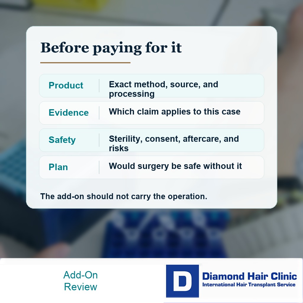 Clinical card listing product source evidence safety and surgical plan questions for stem cell hair transplant add-ons
