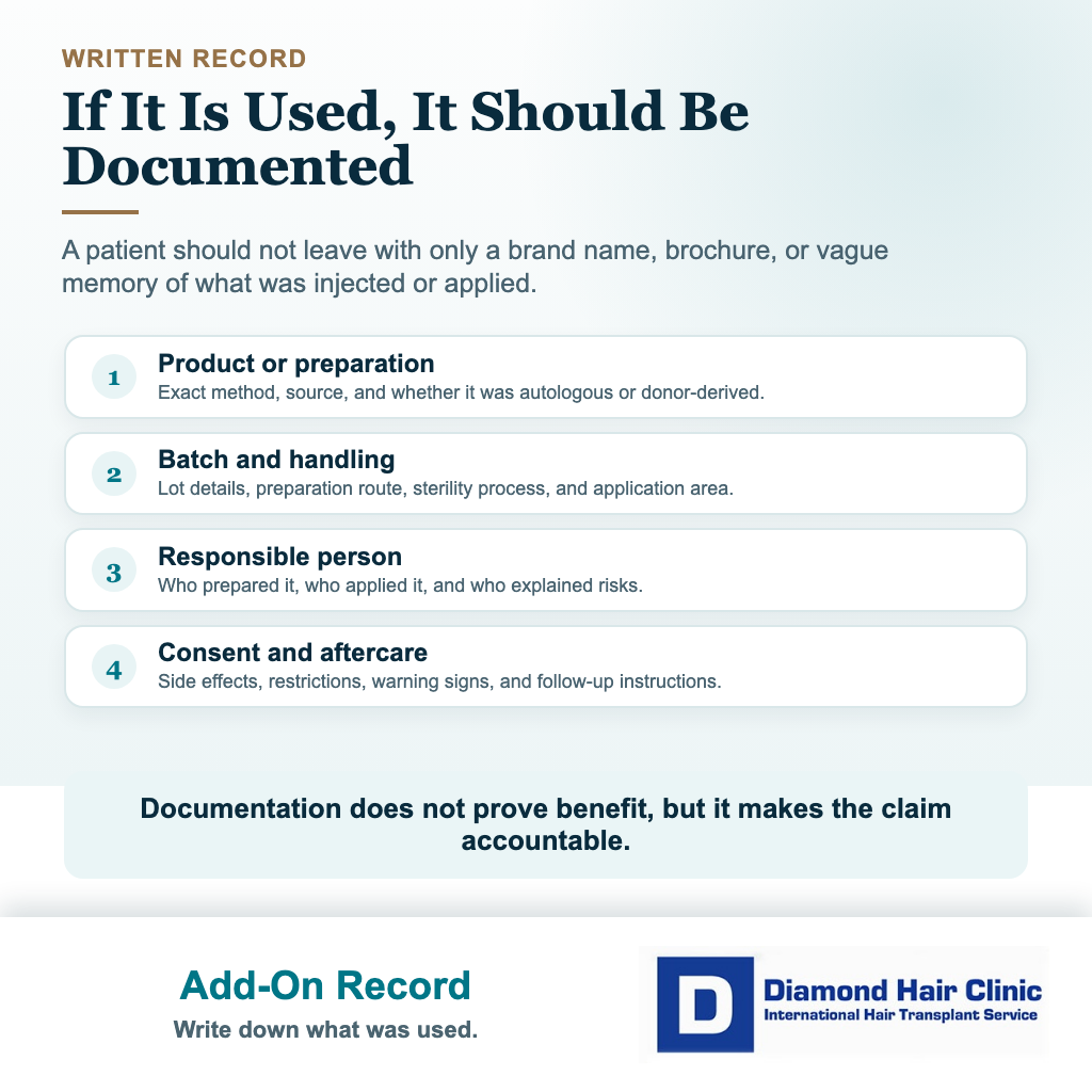 Diamond Hair Clinic visual explaining documentation patients should receive if a regenerative hair transplant add-on is used