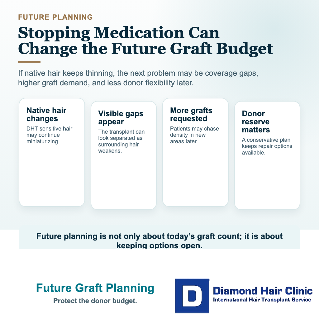 Future graft planning card for stopping finasteride after hair transplant explaining native hair loss, coverage gaps, graft demand, and donor reserve