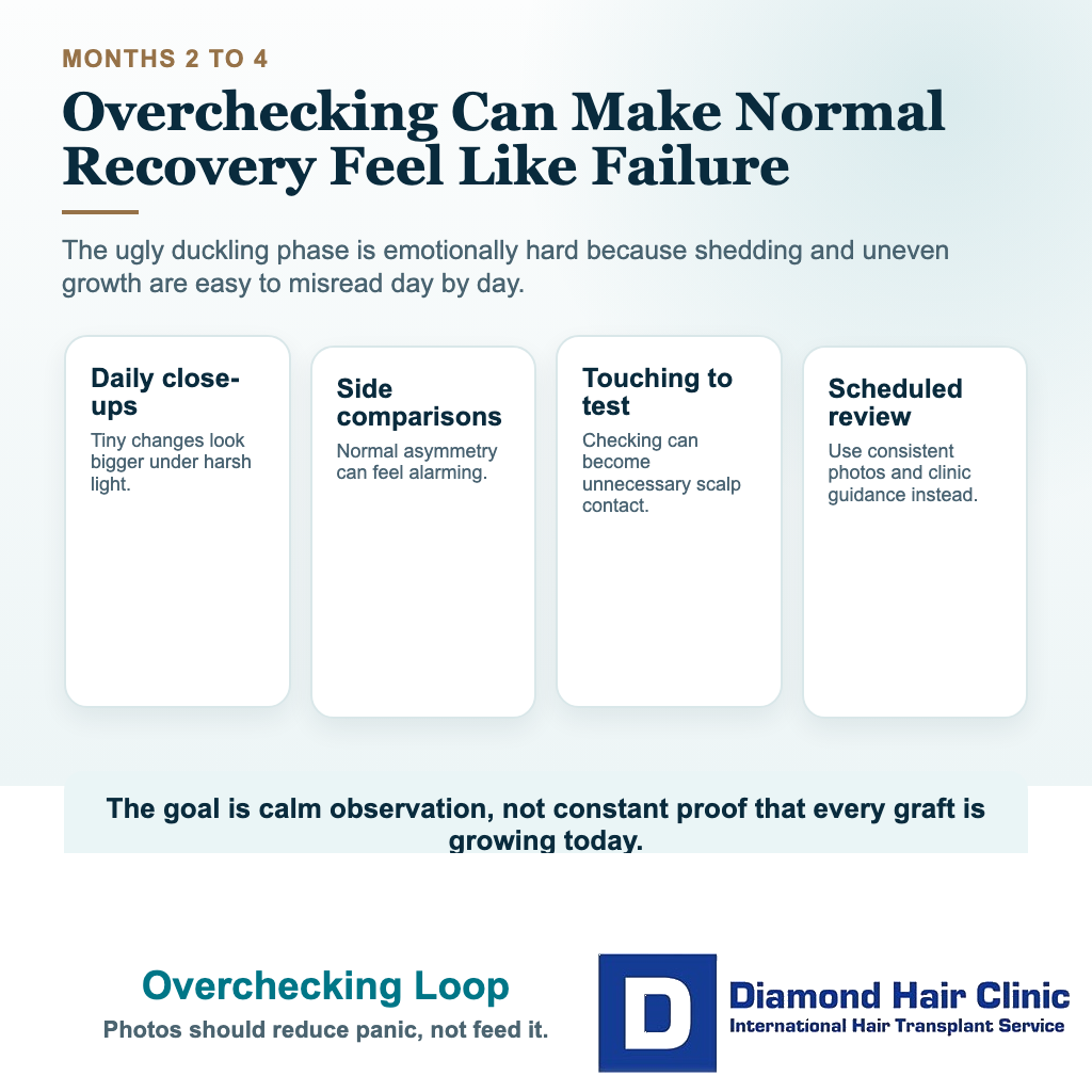 Visual explaining how overchecking comparing photos touching the scalp and panic can worsen stress during months 2 to 4 after hair transplant