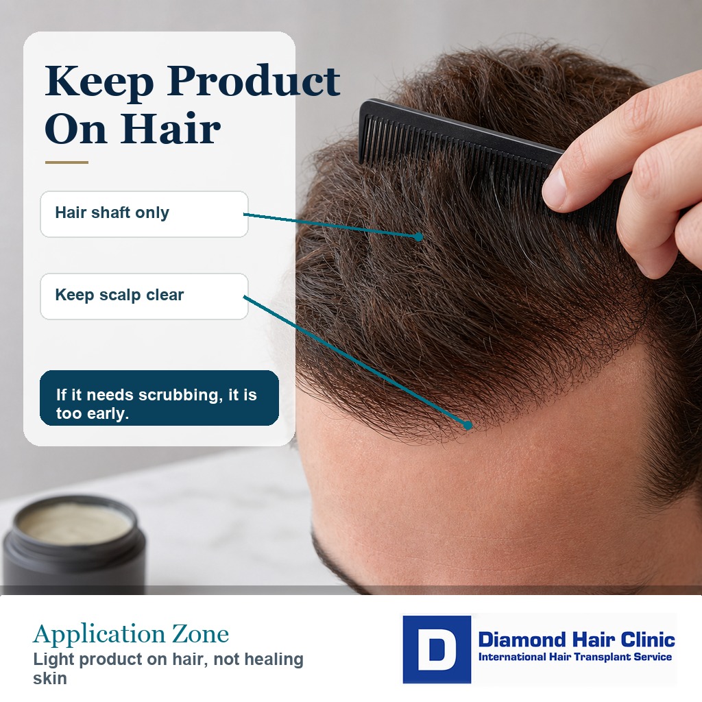 Explanatory visual showing styling product kept on hair shafts and away from a healing recipient area