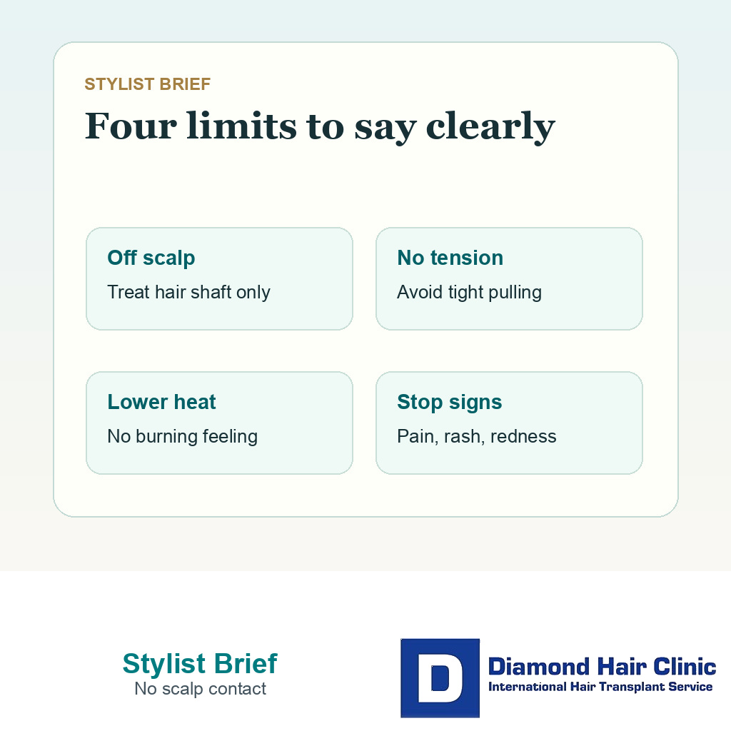 Stylist brief card for avoiding scalp contact pulling high heat and irritation after hair transplant