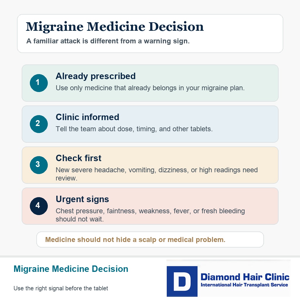 Diamond Hair Clinic information card explaining migraine medicine decisions after hair transplant