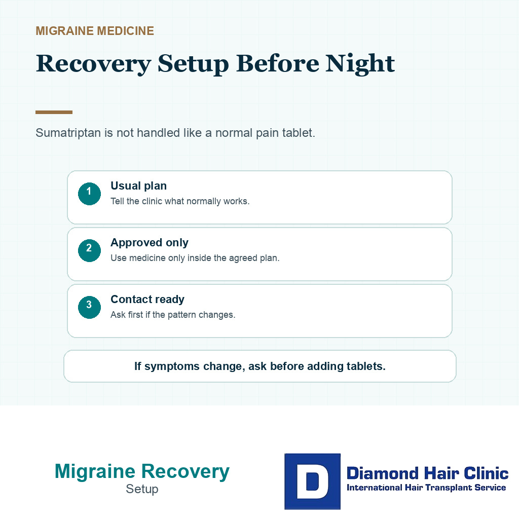 Recovery table with water, approved medicine card, and phone for clinic contact after hair transplant