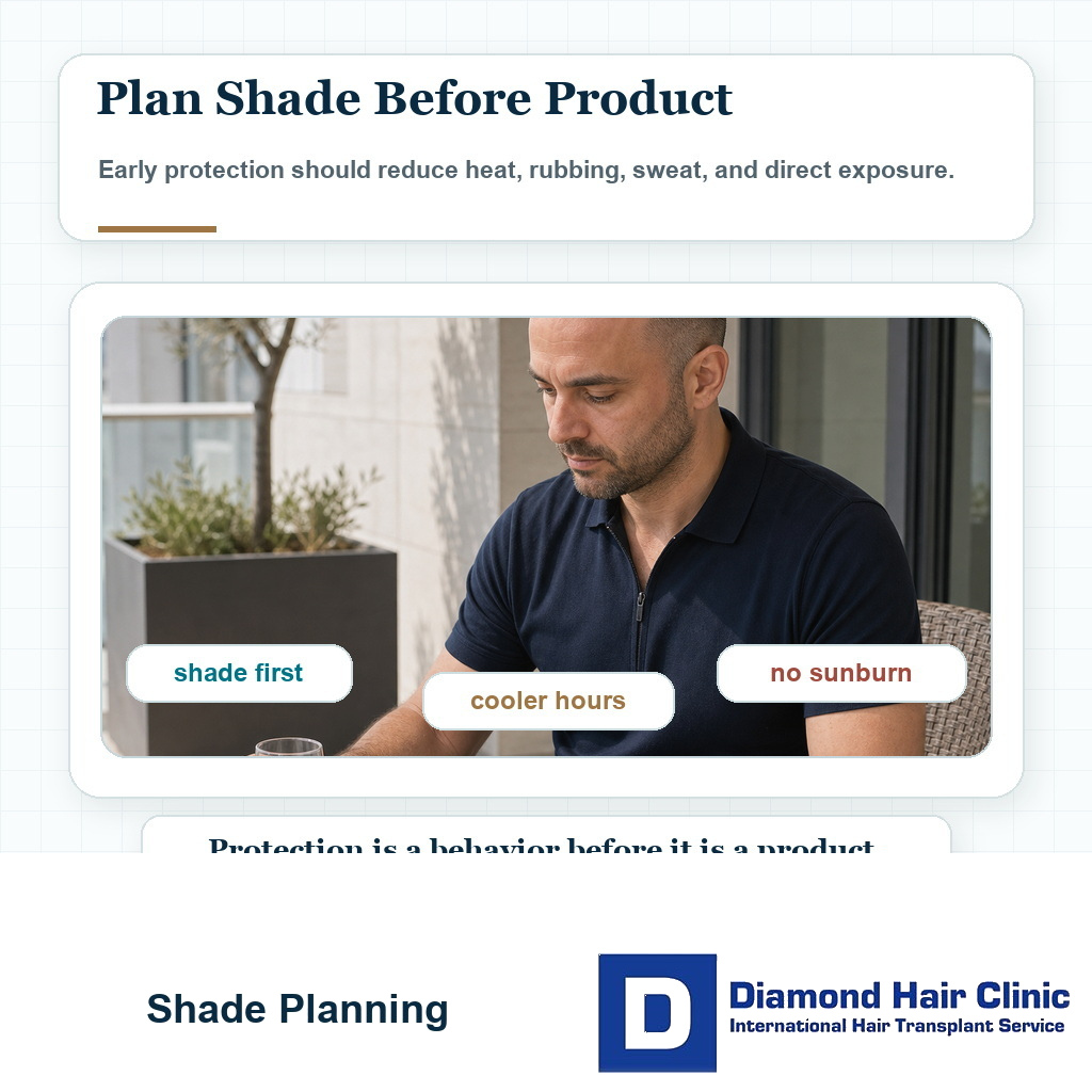 Hair transplant patient resting in shade and planning sun exposure carefully after surgery