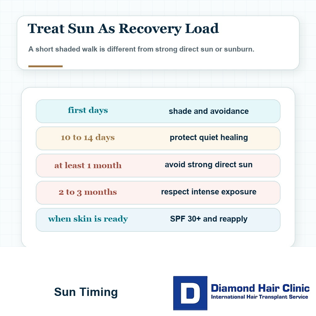 Sun after hair transplant timing card showing shade early, avoiding strong sun for 1 month, and careful exposure for 2 to 3 months