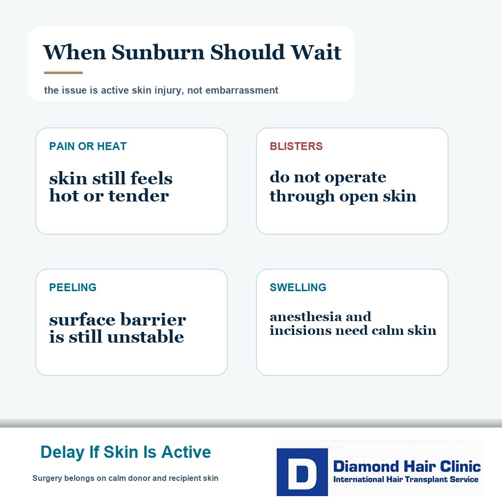 Clinical card showing pain heat blisters peeling and swelling as reasons to delay surgery on a sunburned scalp