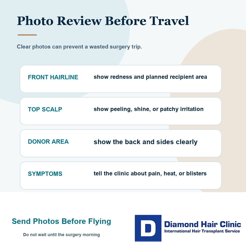 Photo review card showing what scalp photos to send before traveling with a sunburned scalp