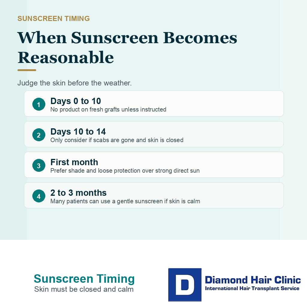 Diamond Hair Clinic timing card showing when sunscreen can be considered after hair transplant