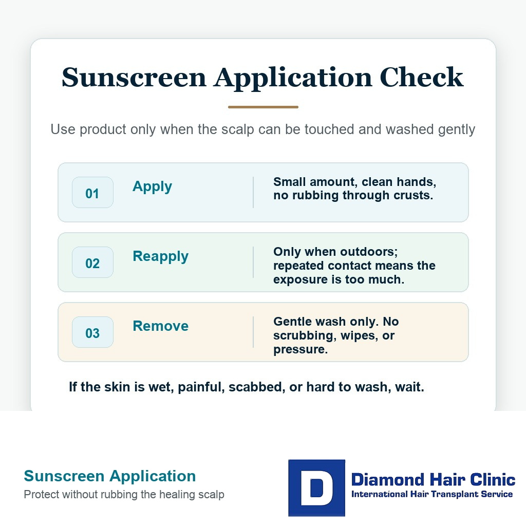 Clean Diamond Hair Clinic information card explaining gentle sunscreen application and removal after hair transplant