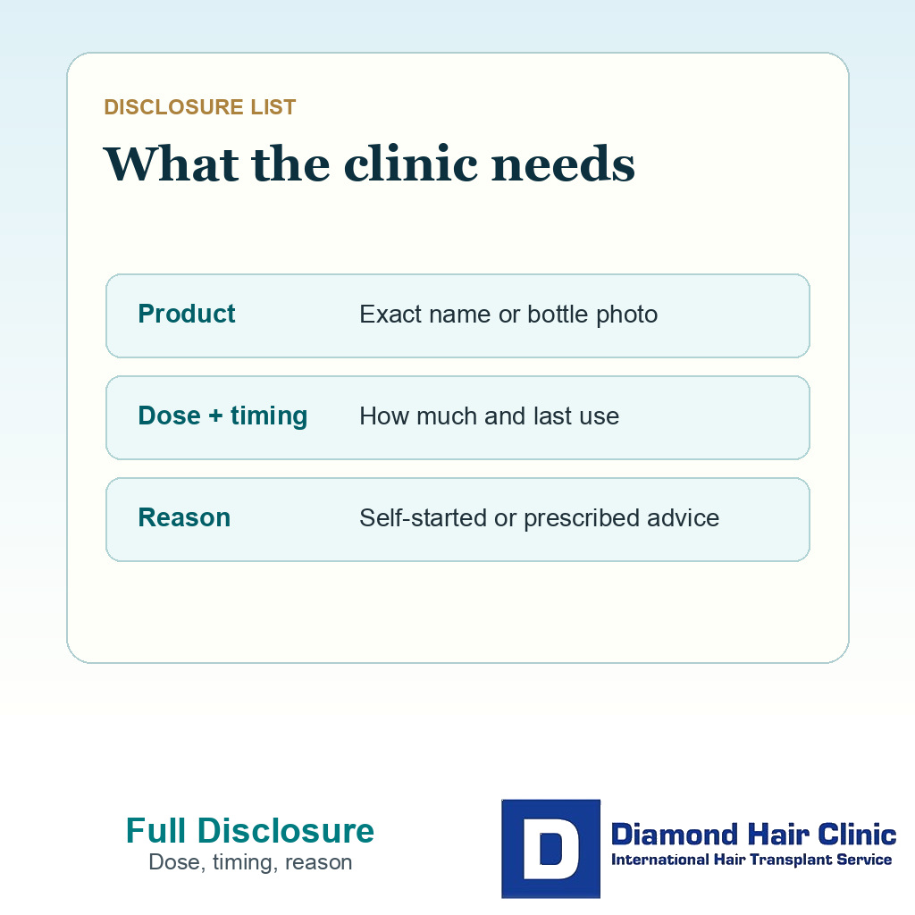 Decision card showing supplement name dose reason and last use before hair transplant surgery