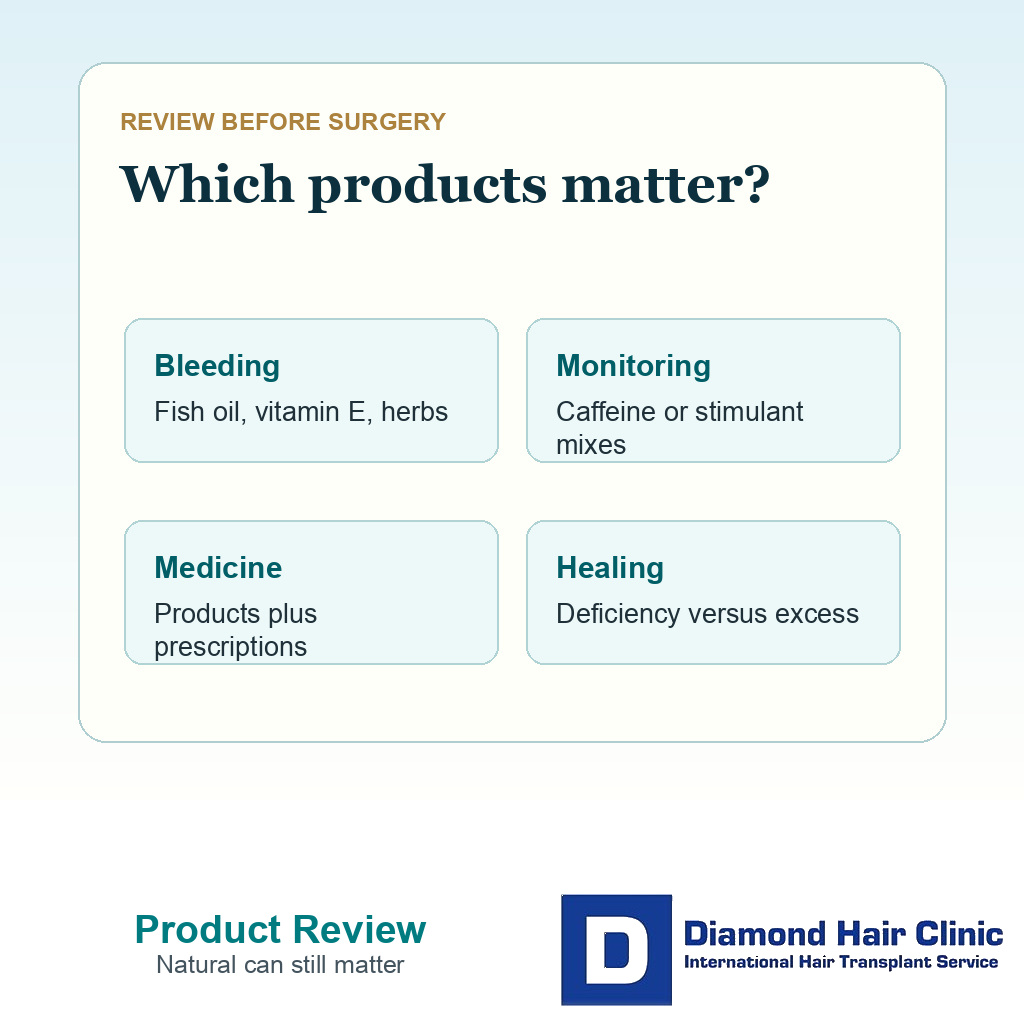 Clinical card listing fish oil vitamin E herbal products and stimulant formulas for pre surgery review