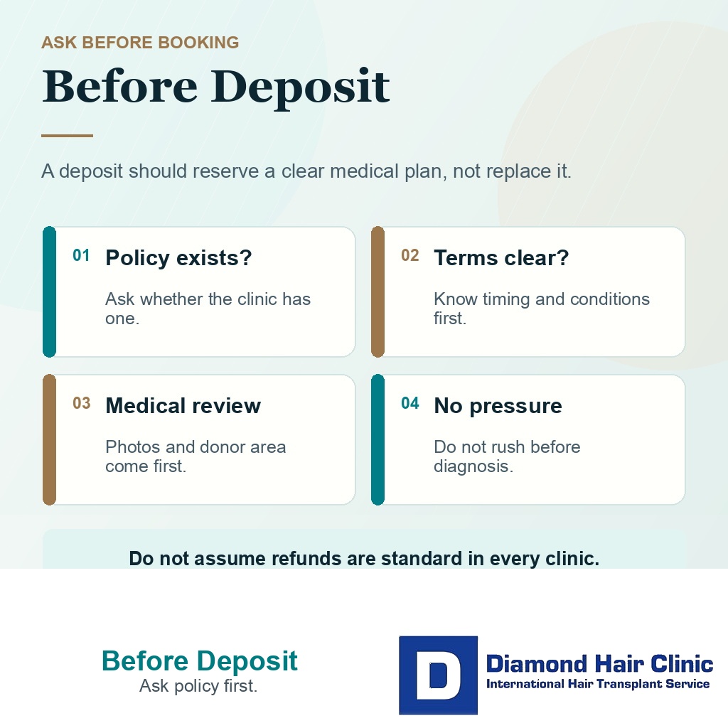 Information card explaining what to ask before sending a deposit for hair transplant in Turkey