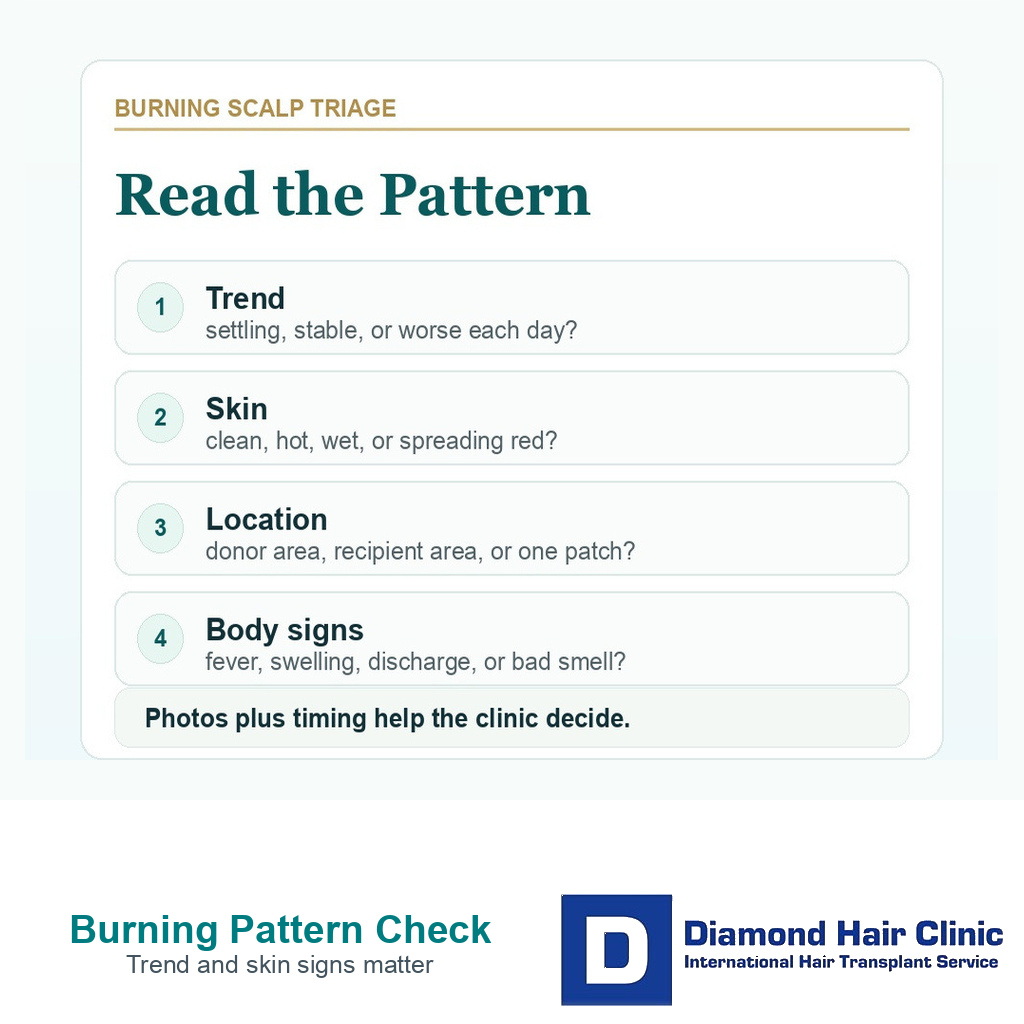 Burning scalp triage card showing trend, skin appearance, location, and body signs