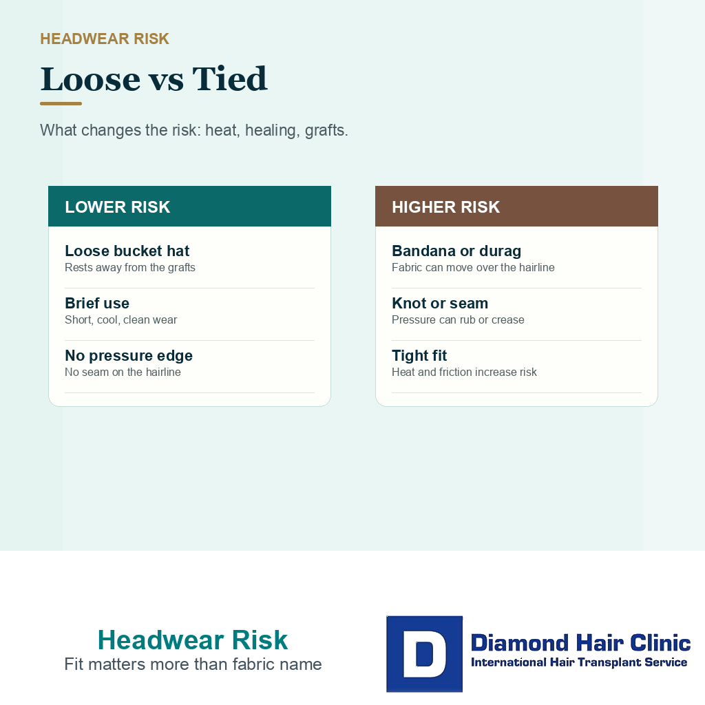 Information card comparing loose bucket hats, bandanas, durags, knots, seams, and tight edges after hair transplant surgery