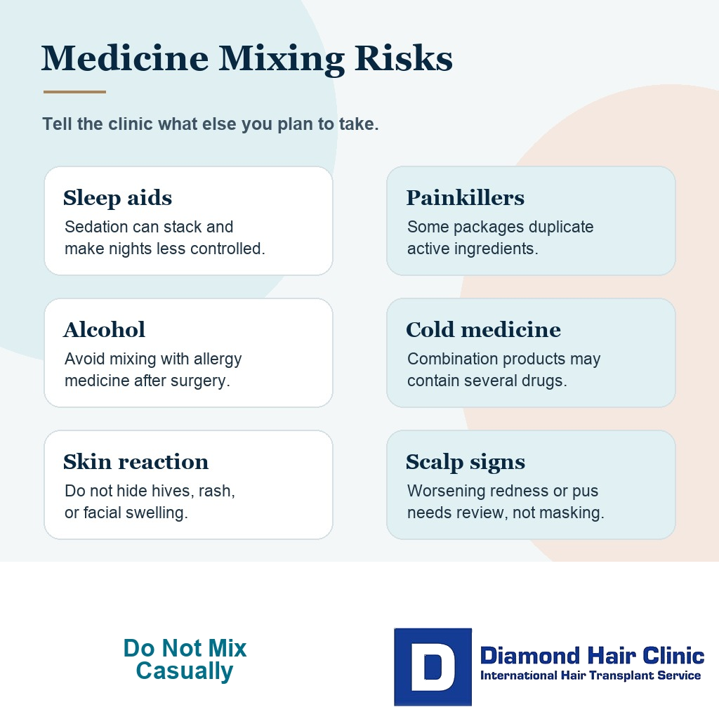 Medication mixing card for antihistamines, sleep aids, painkillers, alcohol, and cold medicine after hair transplant