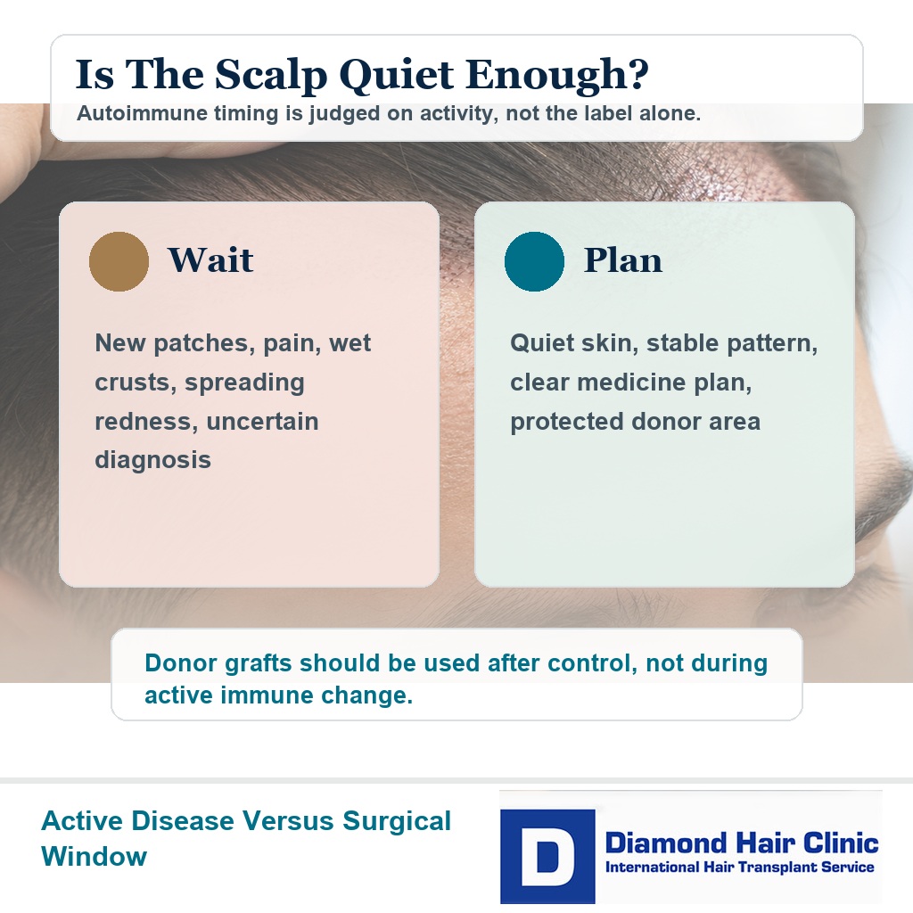 Medical editorial visual comparing active autoimmune scalp inflammation with a quiet surgical window before hair transplant planning