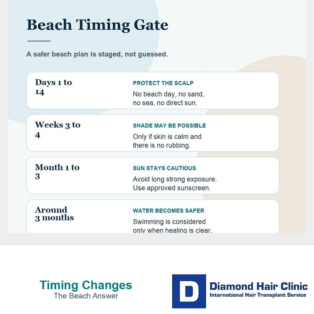 Timing gate card for beach visits after a hair transplant
