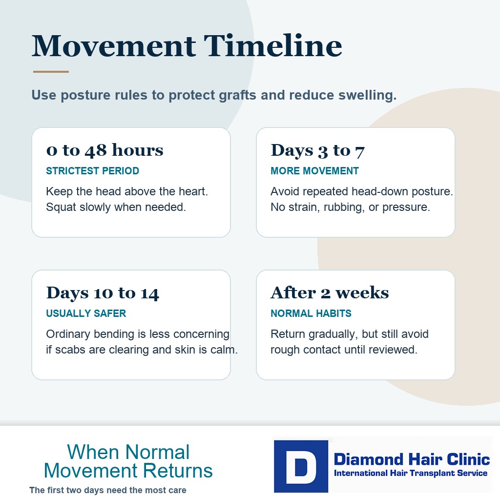 Movement timeline showing when bending becomes safer after a hair transplant