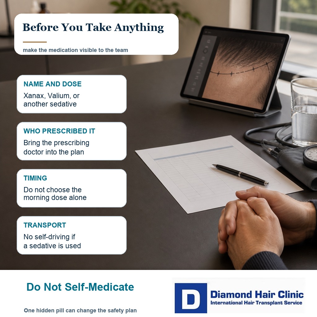 Medication planning card explaining what to tell the clinic before taking Xanax or Valium before a hair transplant