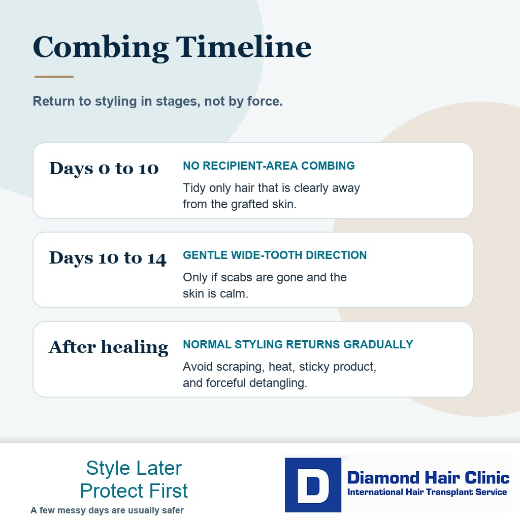 Timeline card showing when combing should be avoided and when gentle styling returns after hair transplant