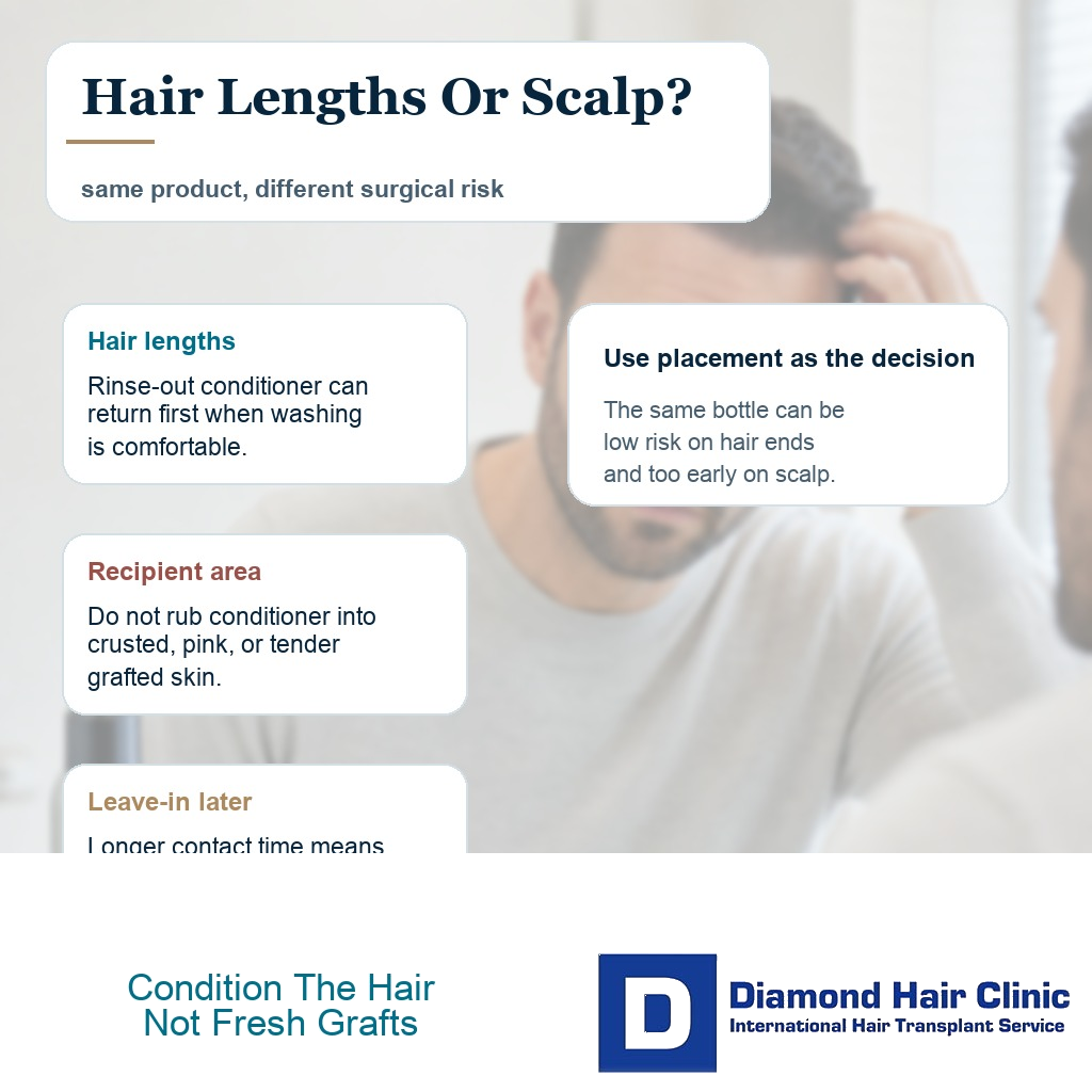 Conditioner placement guide comparing hair lengths with the healing recipient area