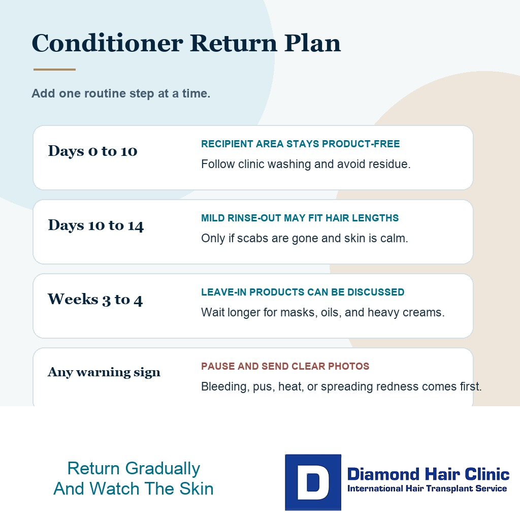 Conditioner return plan showing days 0 to 10, days 10 to 14, weeks 3 to 4, and warning signs