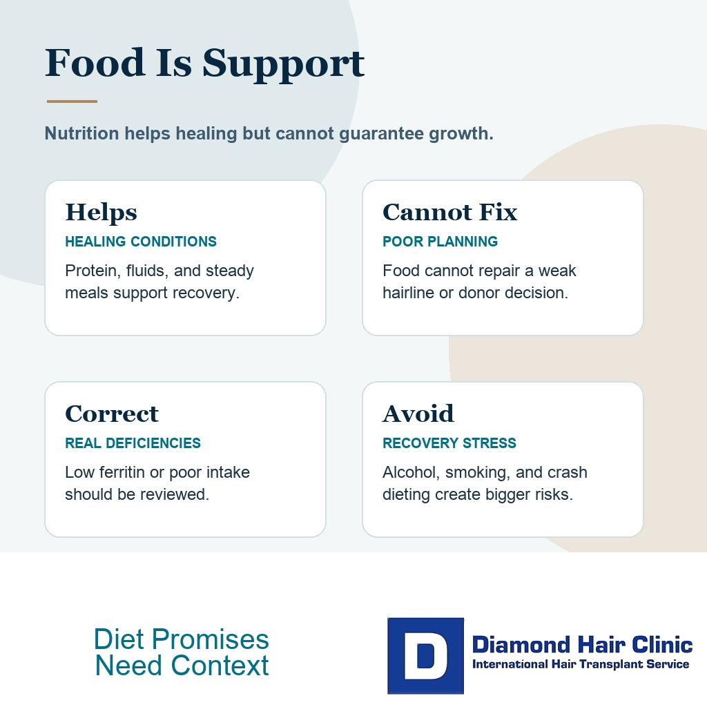 Information card explaining that nutrition supports healing but cannot guarantee hair transplant growth