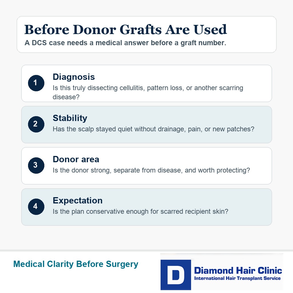 Premium Diamond Hair Clinic information card showing what must be clear before grafts are used after dissecting cellulitis