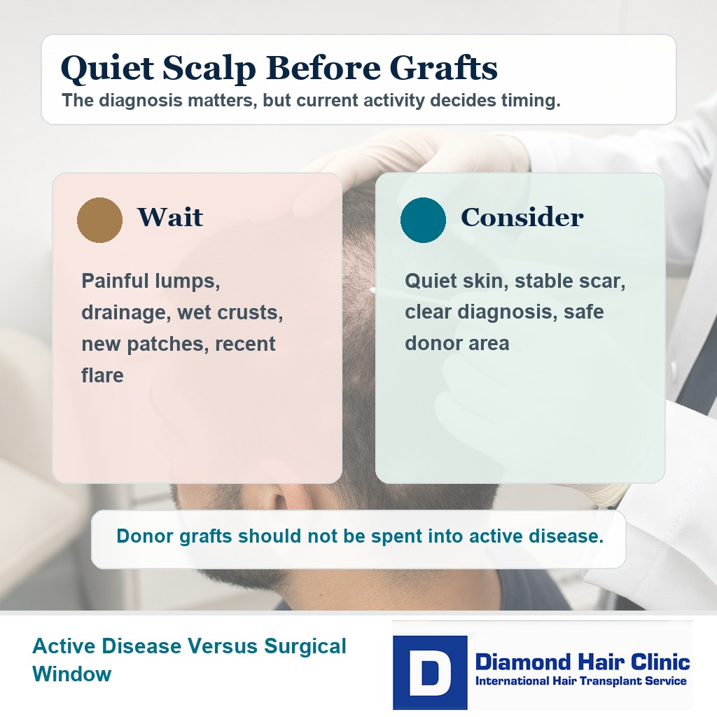 Medical editorial visual showing active dissecting cellulitis signs compared with a quiet surgical window before hair transplant planning