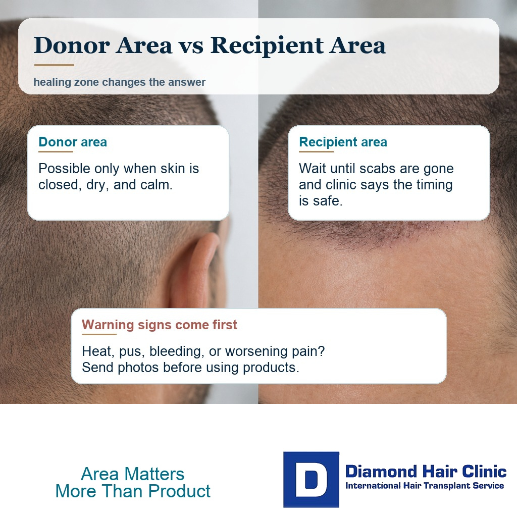 Hair transplant scalp visual comparing donor area comfort with recipient area product caution