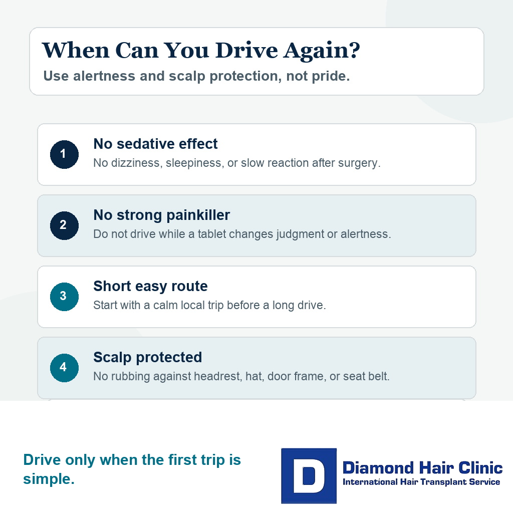 Decision gate visual showing when it is reasonable to drive again after a hair transplant