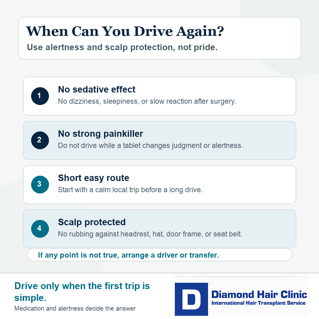 Decision gate visual showing when it is reasonable to drive again after a hair transplant