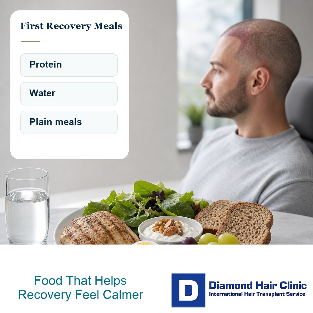 Balanced meal with protein, water, and plain food for early hair transplant recovery