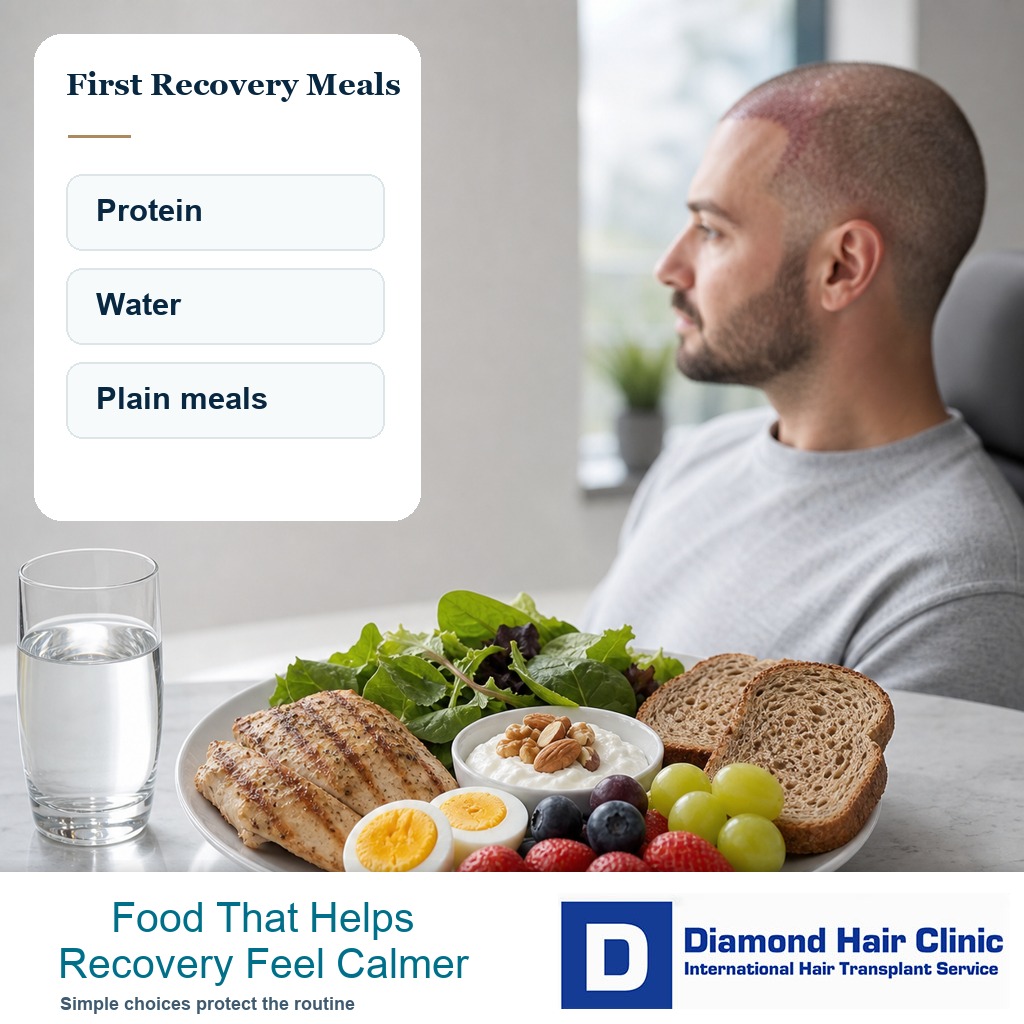 Balanced meal with protein water and simple food for early hair transplant recovery