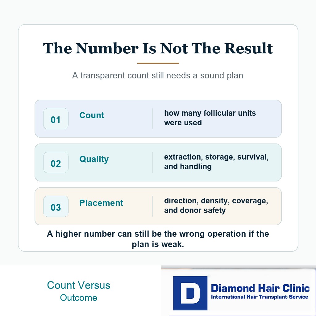 Diamond Hair Clinic visual explaining why graft count, graft quality, and placement all affect the hair transplant result