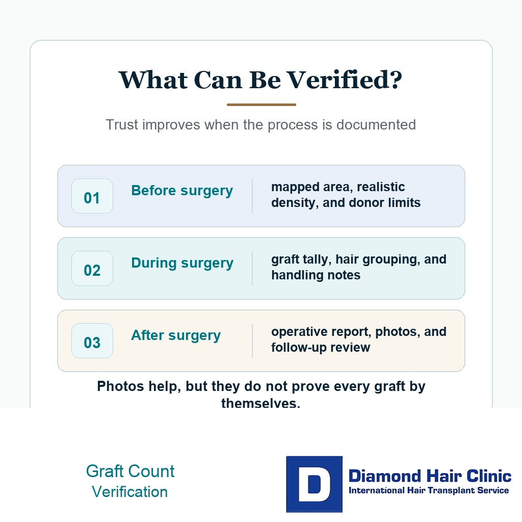 Diamond Hair Clinic visual explaining what patients can verify about graft count before, during, and after hair transplant surgery