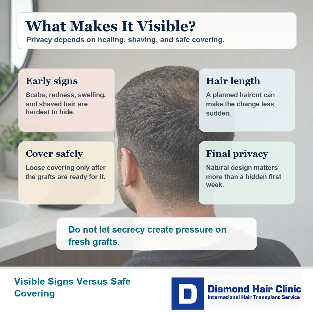Premium medical editorial visual showing discreet hair transplant planning choices before surgery
