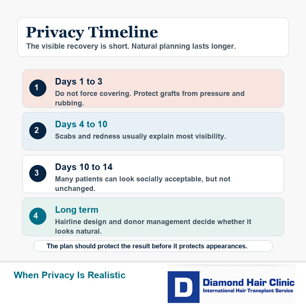 Premium Diamond Hair Clinic timeline card showing when a hair transplant is hardest to keep private