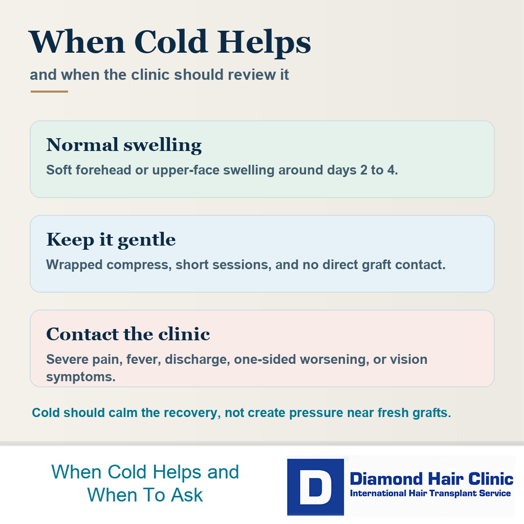 Decision gate visual showing when to use ice and when to contact the clinic after a hair transplant