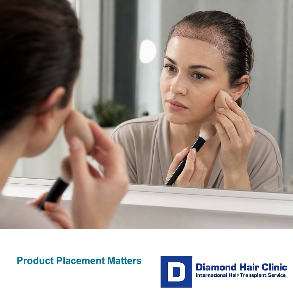Makeup placement guide showing why product should stay below the healing hairline after hair transplant
