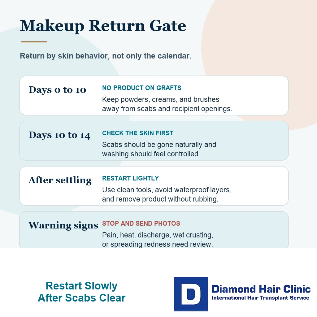 Timing card showing when makeup can return after hair transplant and which warning signs need review