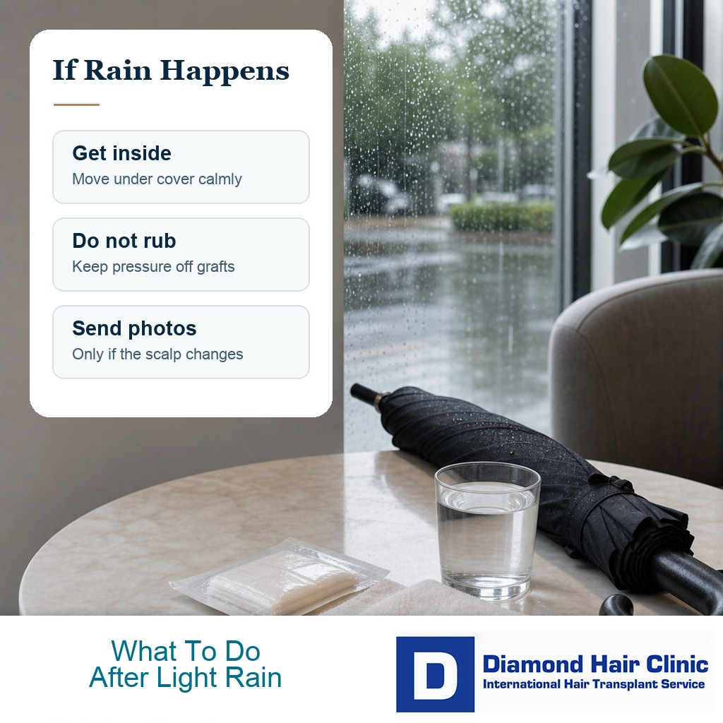 Clinic table with umbrella clean towel and gauze showing what to do after light rain after hair transplant