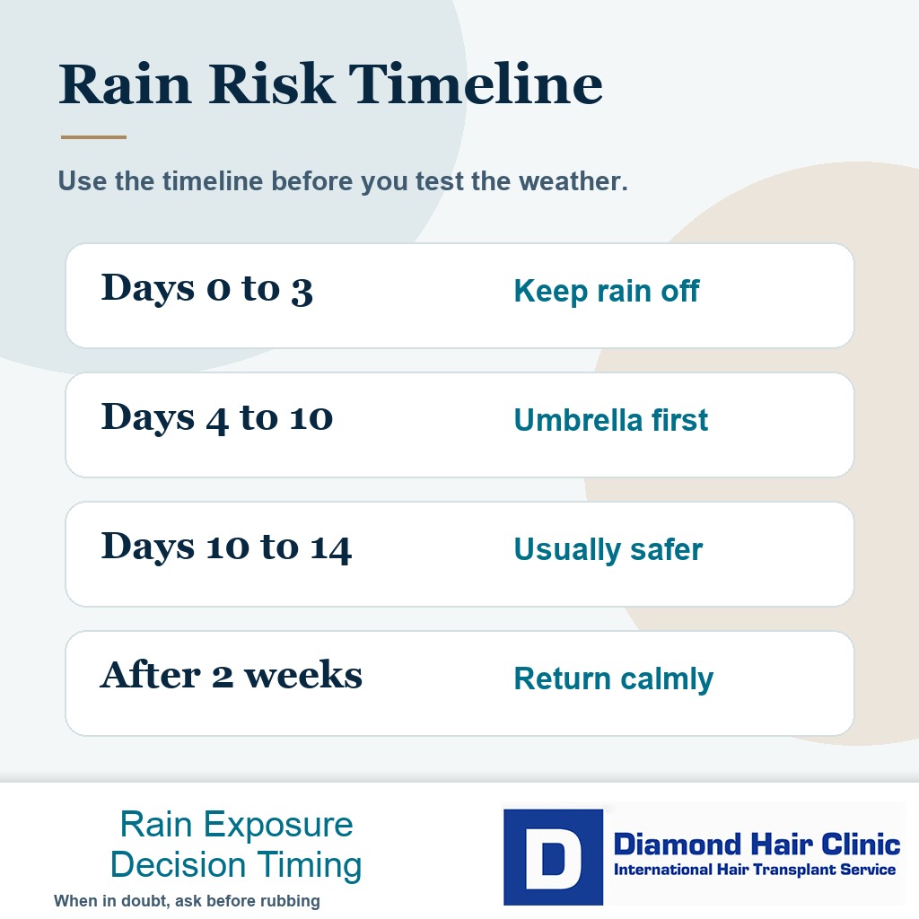 Rain risk timeline showing when weather exposure becomes safer after a hair transplant