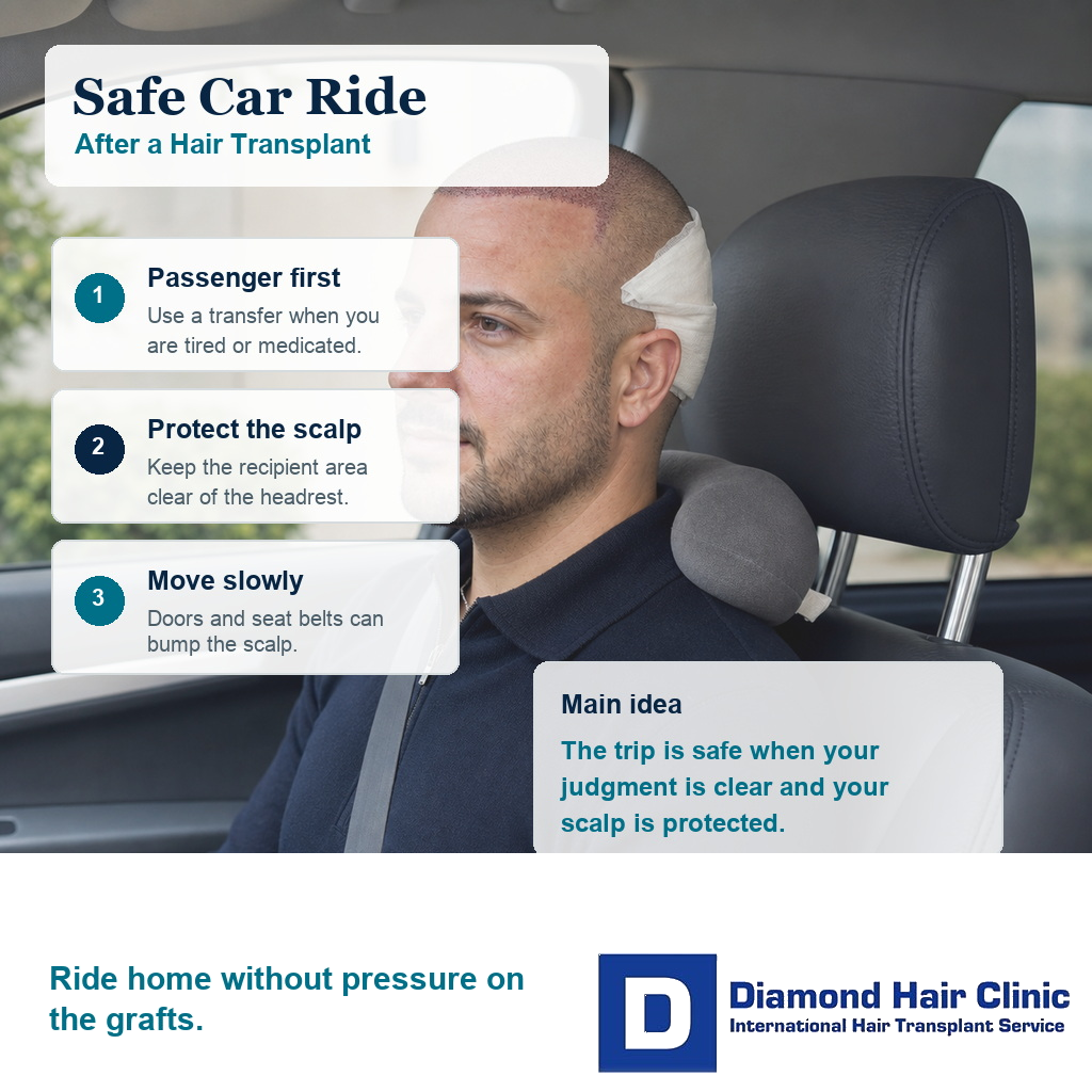 Medical editorial visual showing safe car travel after hair transplant with scalp protected from the headrest