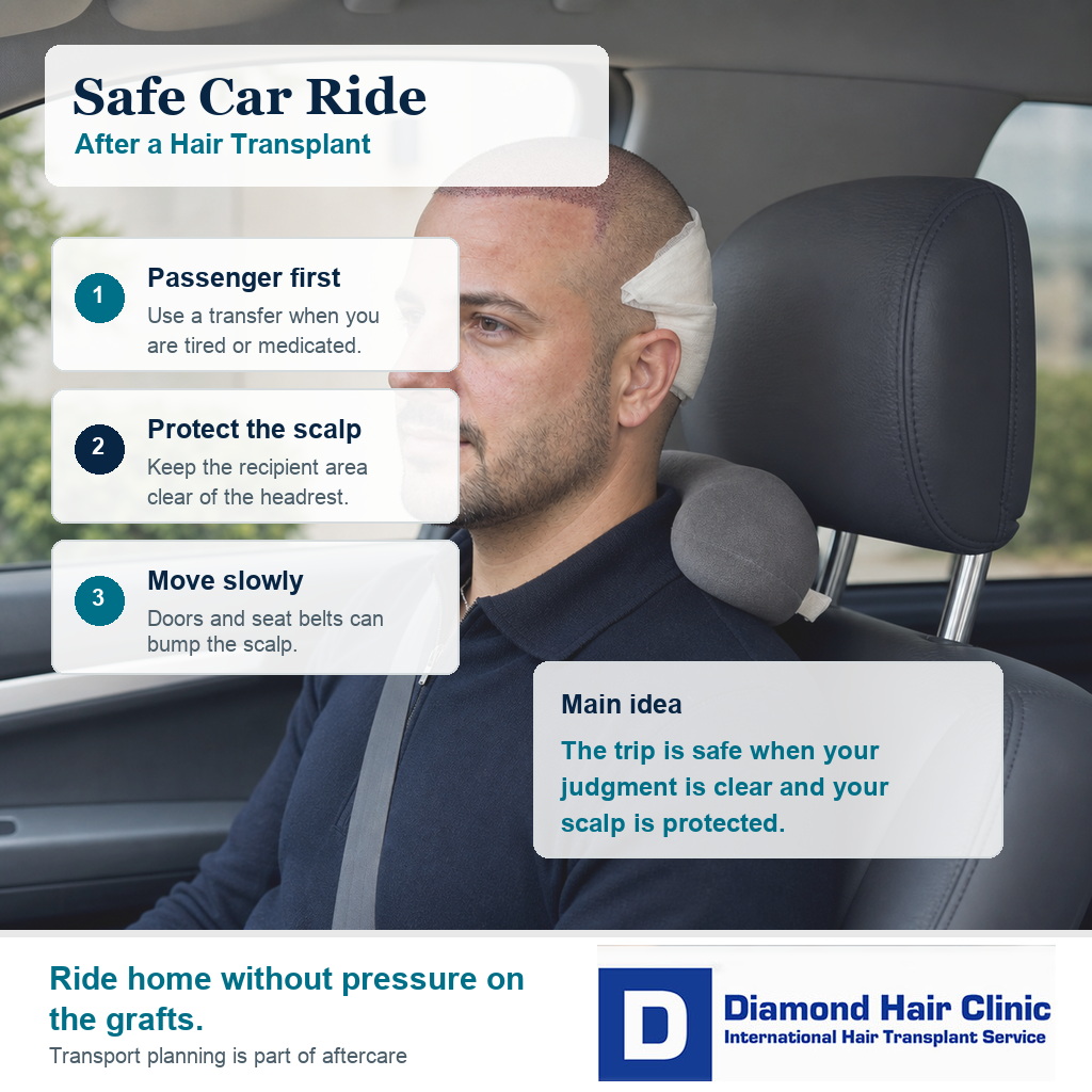 Medical editorial visual showing safe car travel after hair transplant with scalp protected from the headrest