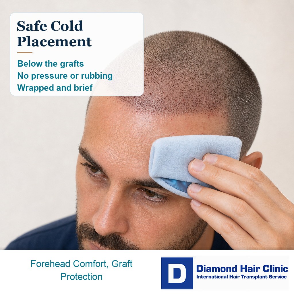 Medical visual showing safe cold compress placement on the forehead after a hair transplant