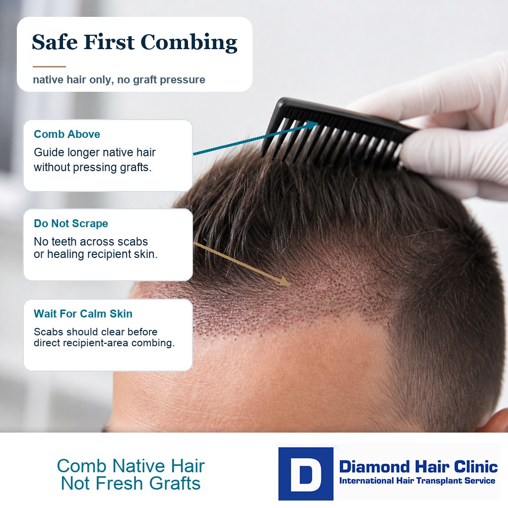 Close scalp visual showing a comb above native hair while avoiding fresh hair transplant grafts