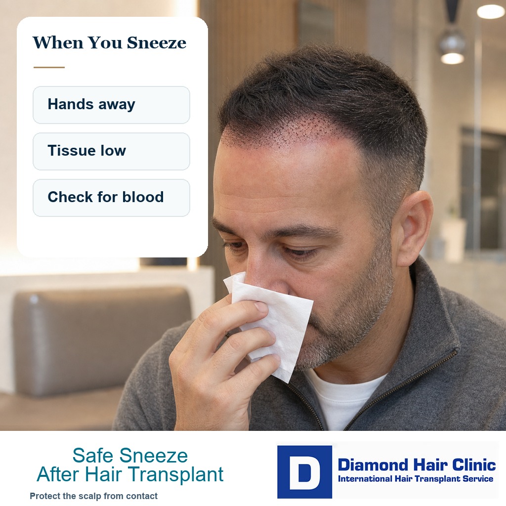 Patient sneezing safely with hands and tissue away from the transplanted hairline