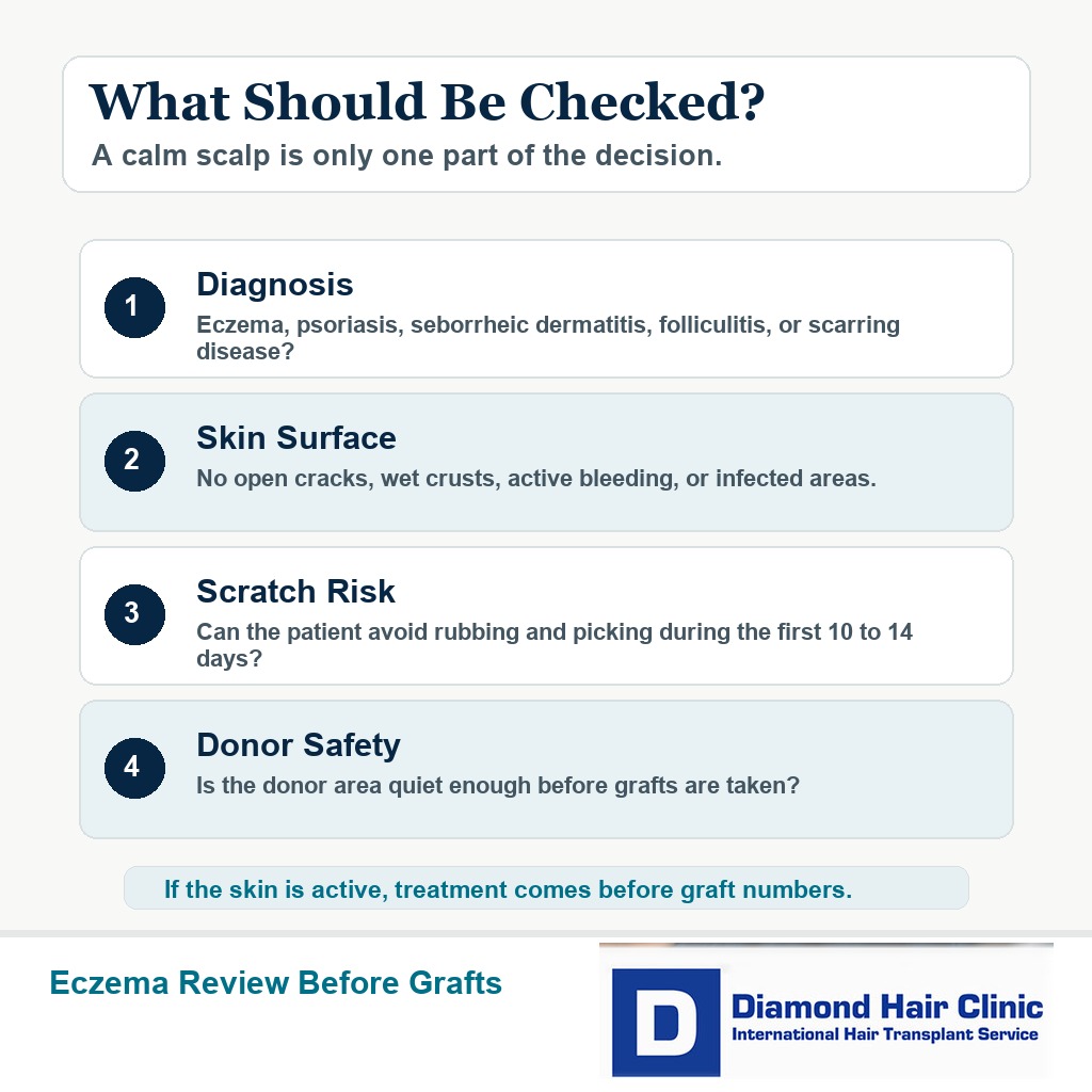 Premium Diamond Hair Clinic information card showing signs that scalp eczema may need review before hair transplant surgery